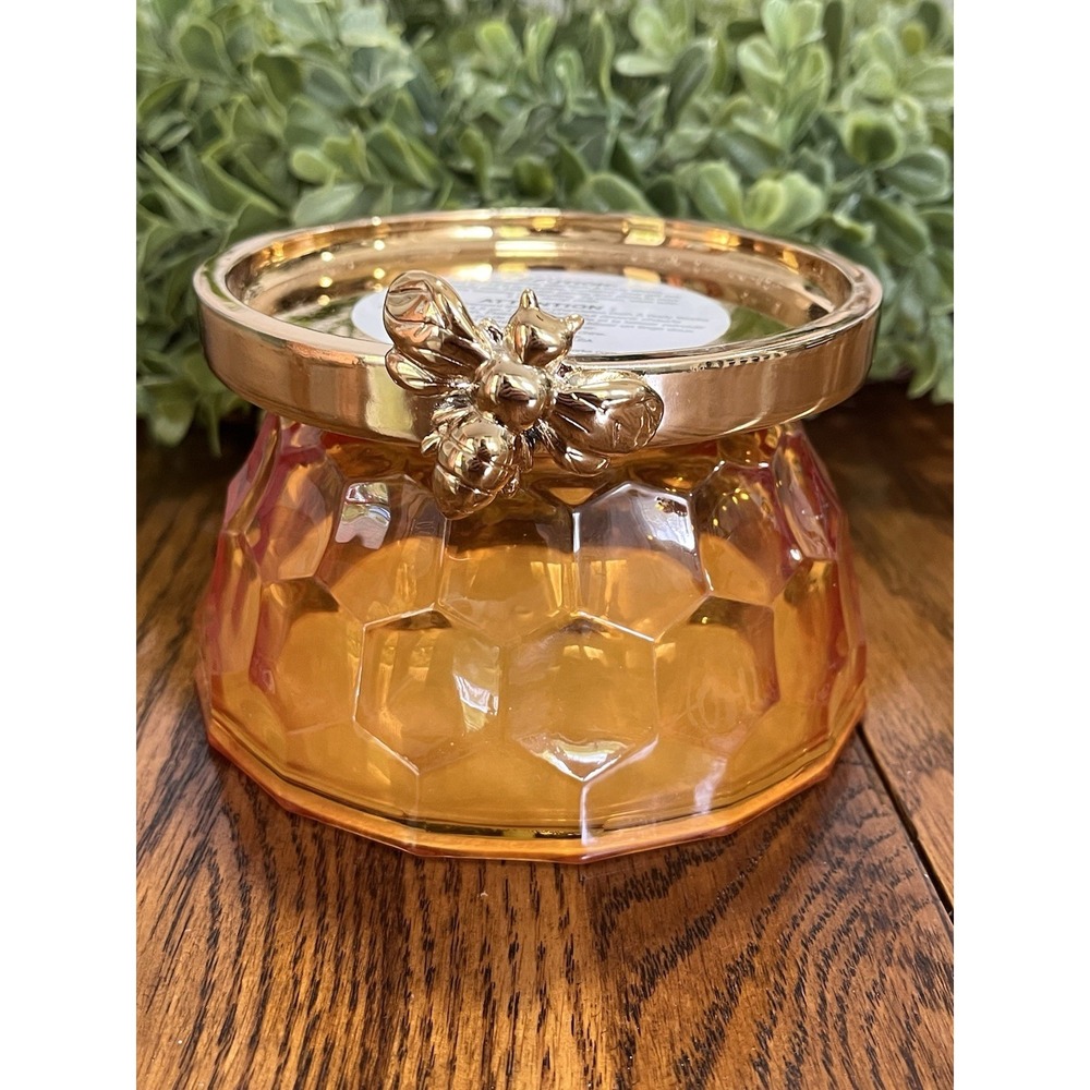 Bath & Body Works 3" x 5" Honeycomb Bee 3-wick Candle Holder Gold Yellow Glass